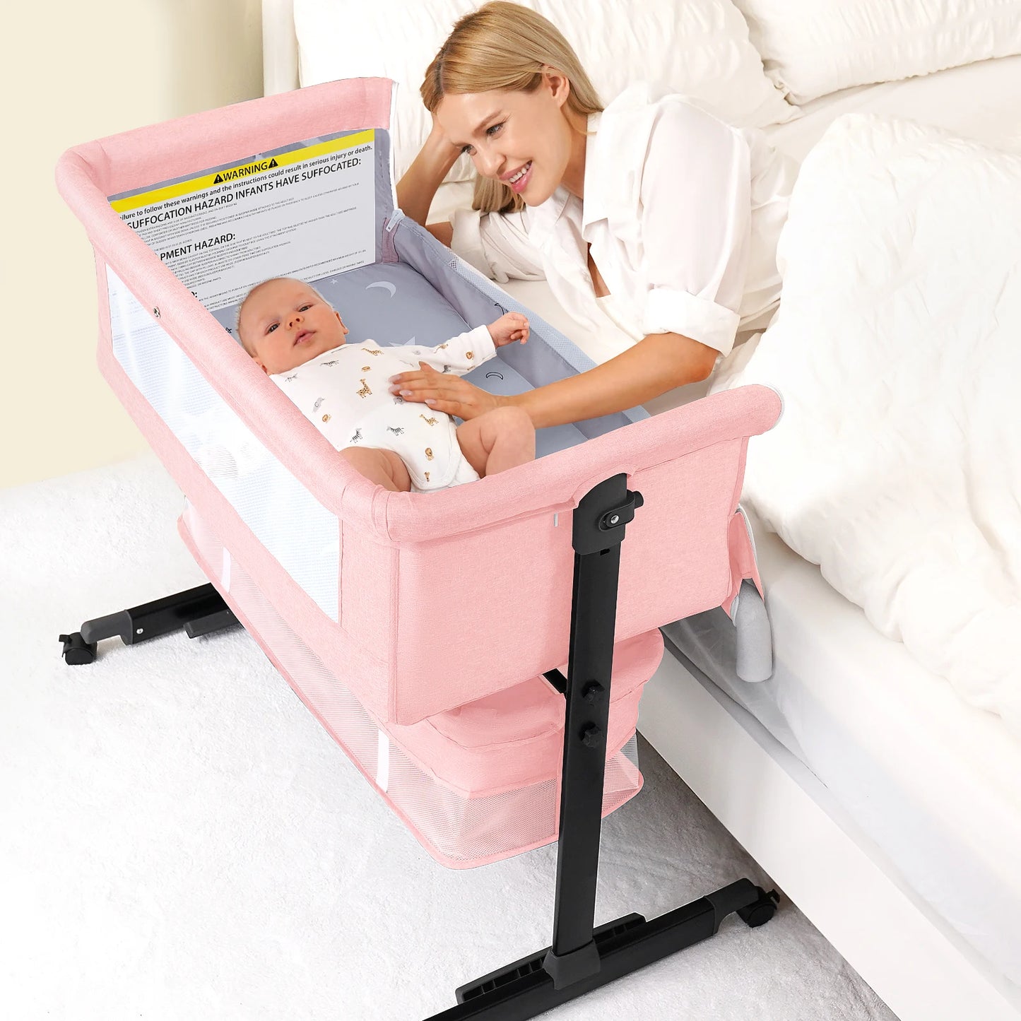 Foldable Portable Baby Bassinet Bedside Crib with Storage Basket & Breathable Mesh