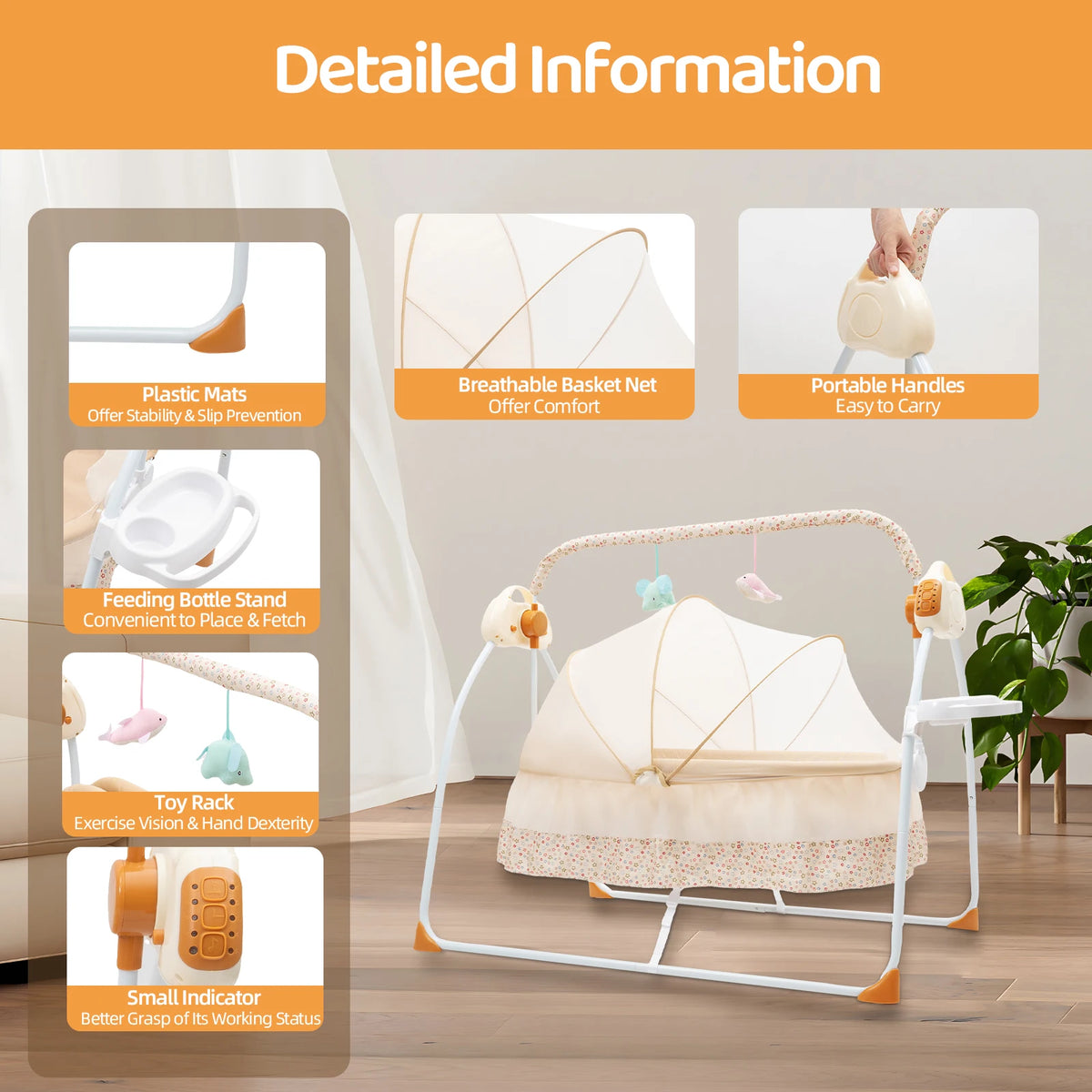 Electric Baby Crib Cradle, 0-18 Months Infant Bed Auto Swing with Remote Control & Music, 25KG/55LBS Capacity, Foldable Baby Bassinet