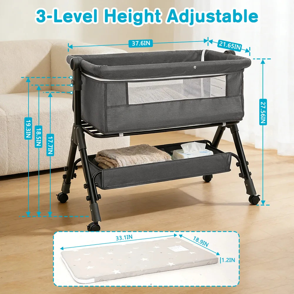 Portable Baby Bassinet Foldable Height Splicing Baby Cradle Bed 3 in 1 Baby Bassinet Bedside Sleeper for 0-18 MonthsInfant