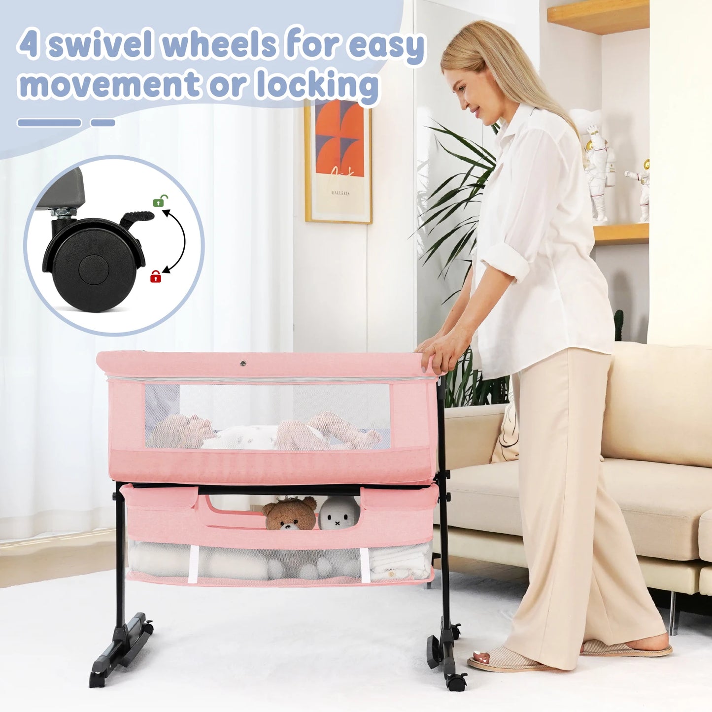 Foldable Portable Baby Bassinet Bedside Crib with Storage Basket & Breathable Mesh