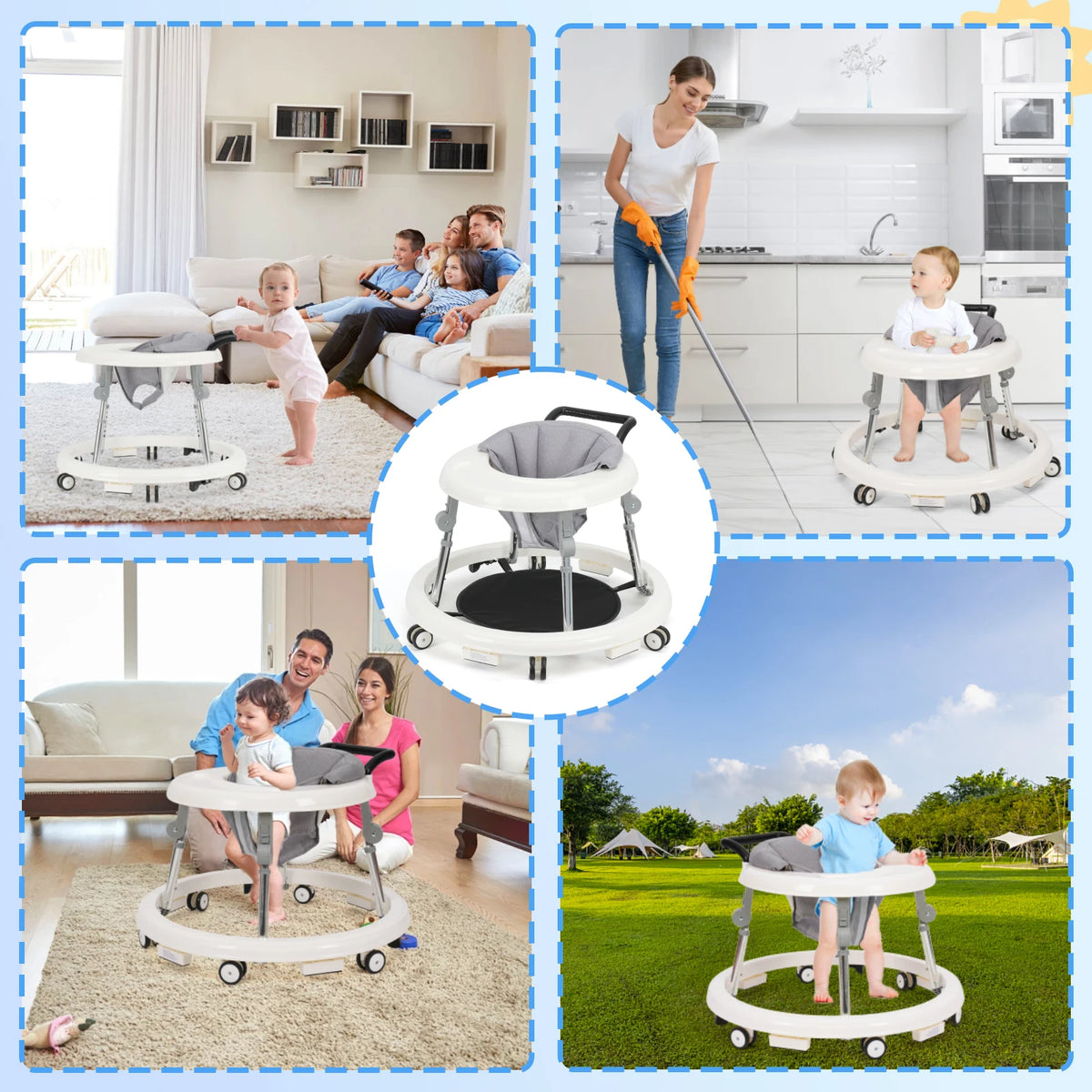 Baby Walker with Adjustable Height, Foldable Toddler Walker with Wheels & Activity Tray