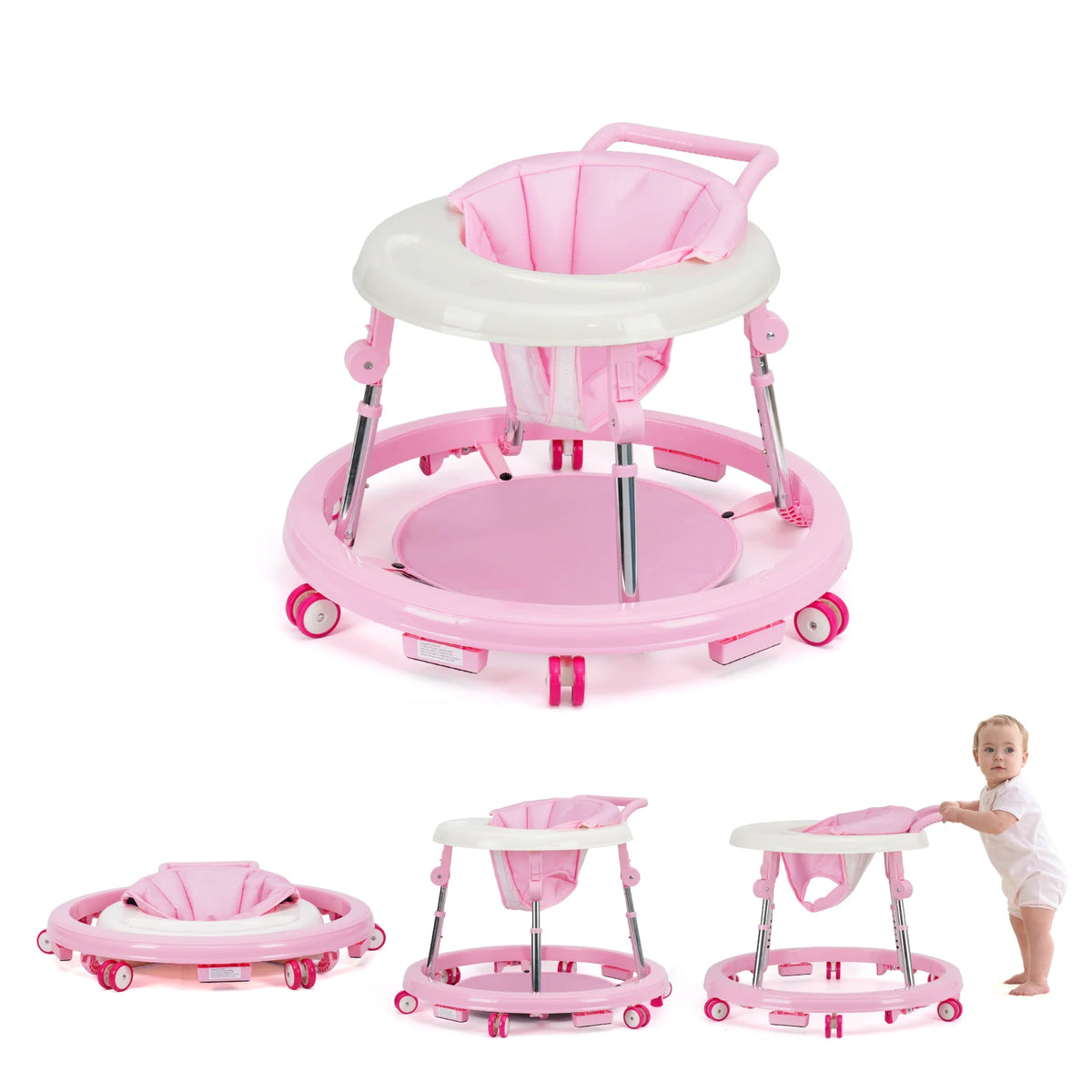 Baby Walker with Adjustable Height, Foldable Toddler Walker with Wheels & Activity Tray