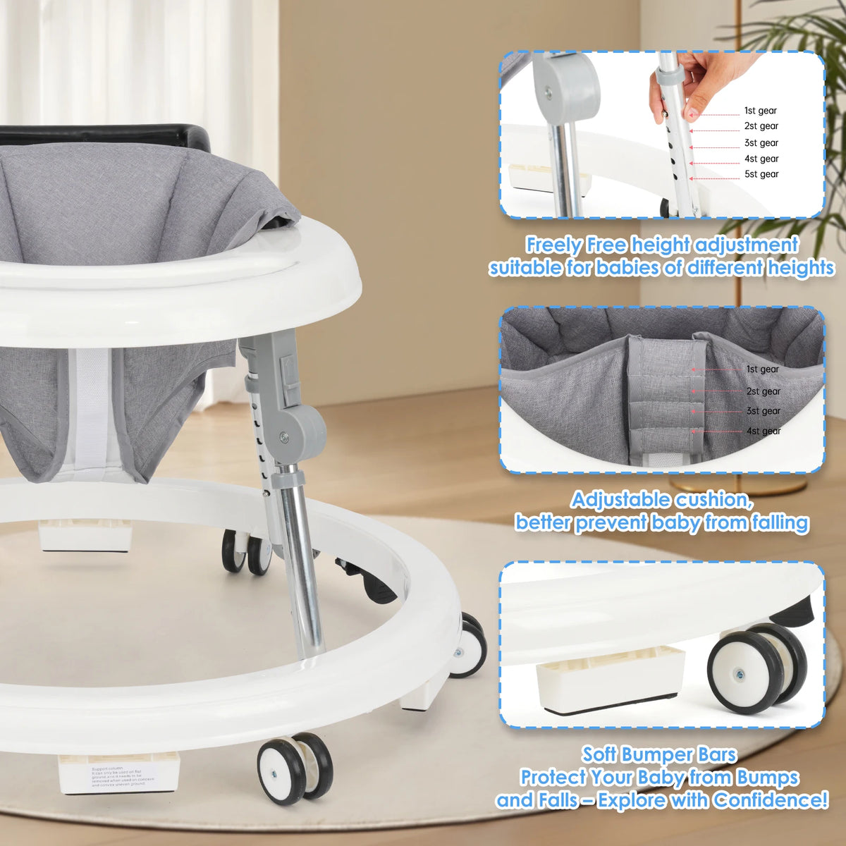 Baby Walker with Adjustable Height, Foldable Toddler Walker with Wheels & Activity Tray