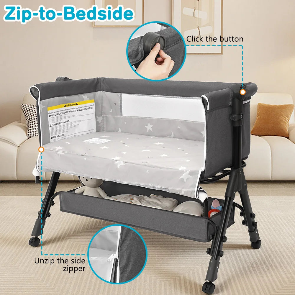 Portable Baby Bassinet Foldable Height Splicing Baby Cradle Bed 3 in 1 Baby Bassinet Bedside Sleeper for 0-18 MonthsInfant