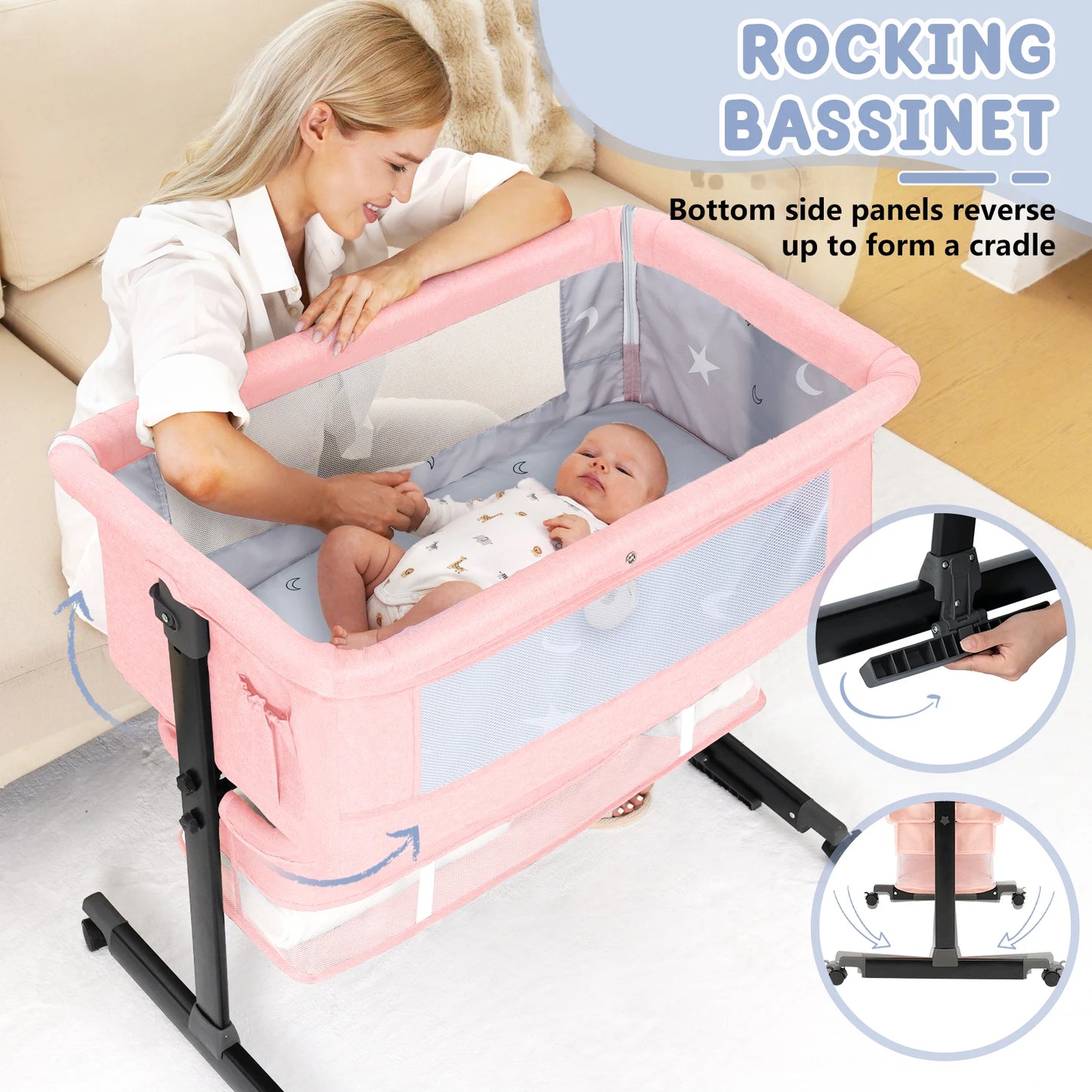 Foldable Portable Baby Bassinet Bedside Crib with Storage Basket & Breathable Mesh