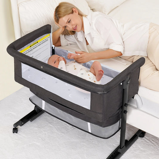 Foldable Portable Baby Bassinet Bedside Crib with Storage Basket & Breathable Mesh