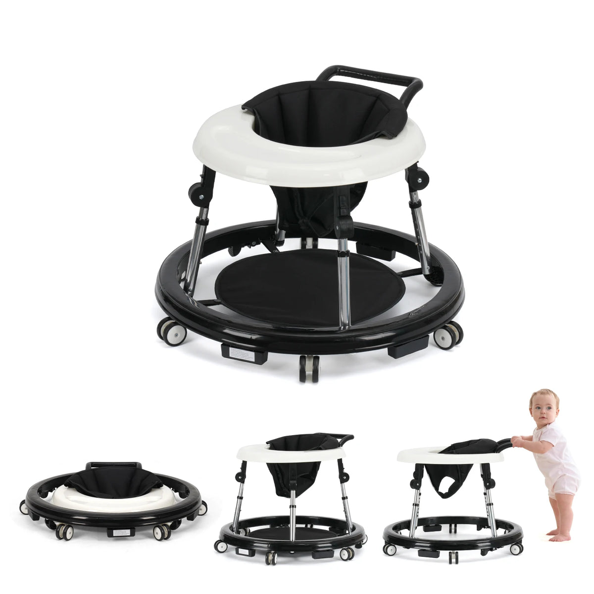 Baby Walker with Adjustable Height, Foldable Toddler Walker with Wheels & Activity Tray