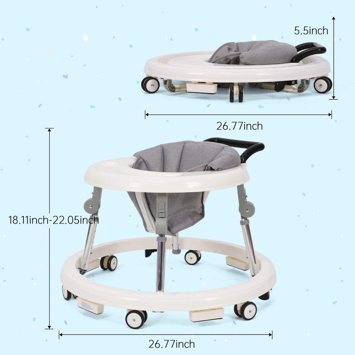 Baby Walker with Adjustable Height, Foldable Toddler Walker with Wheels & Activity Tray