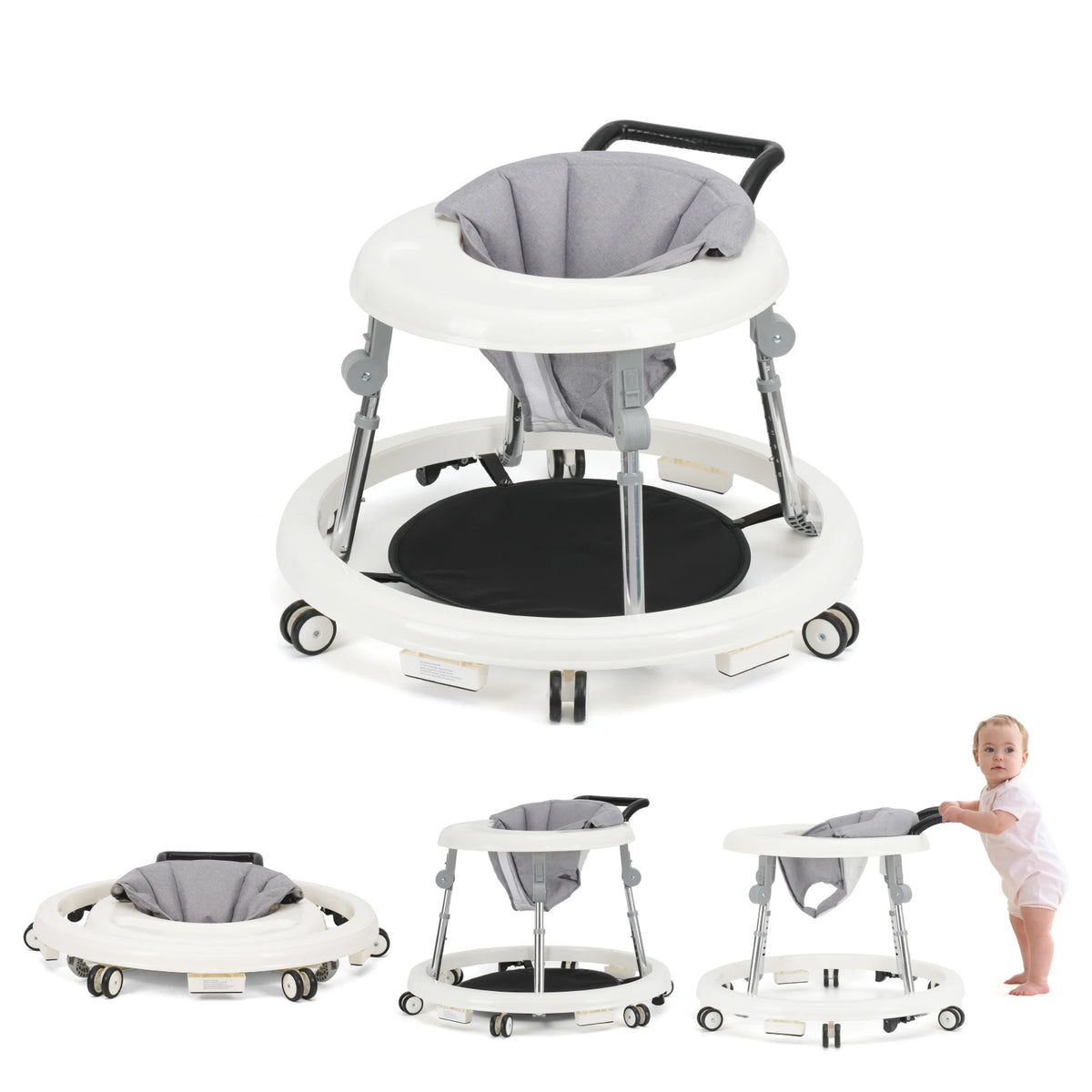 Baby Walker with Adjustable Height, Foldable Toddler Walker with Wheels & Activity Tray