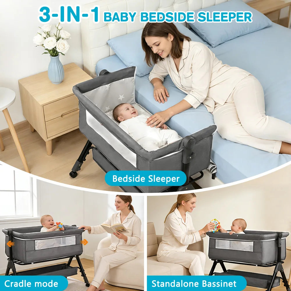 Portable Baby Bassinet Foldable Height Splicing Baby Cradle Bed 3 in 1 Baby Bassinet Bedside Sleeper for 0-18 MonthsInfant