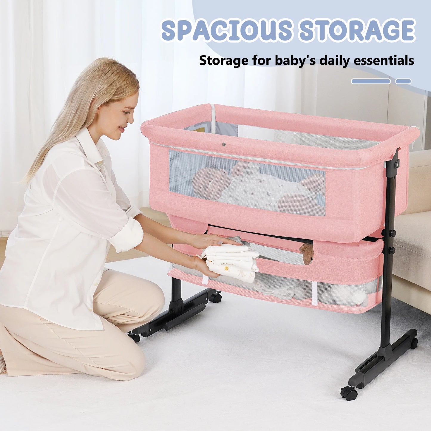 Foldable Portable Baby Bassinet Bedside Crib with Storage Basket & Breathable Mesh