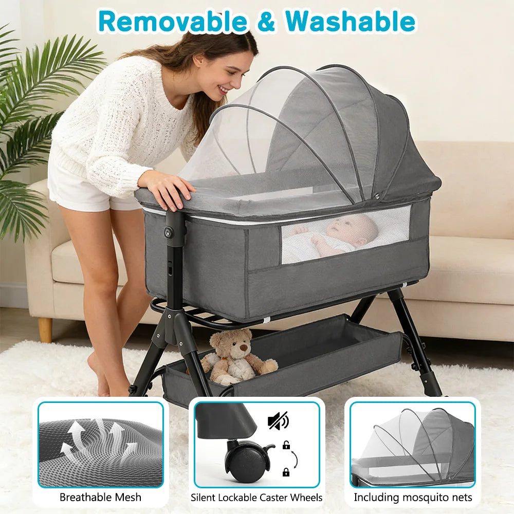 Portable Baby Bassinet Foldable Height Splicing Baby Cradle Bed 3 in 1 Baby Bassinet Bedside Sleeper for 0-18 MonthsInfant