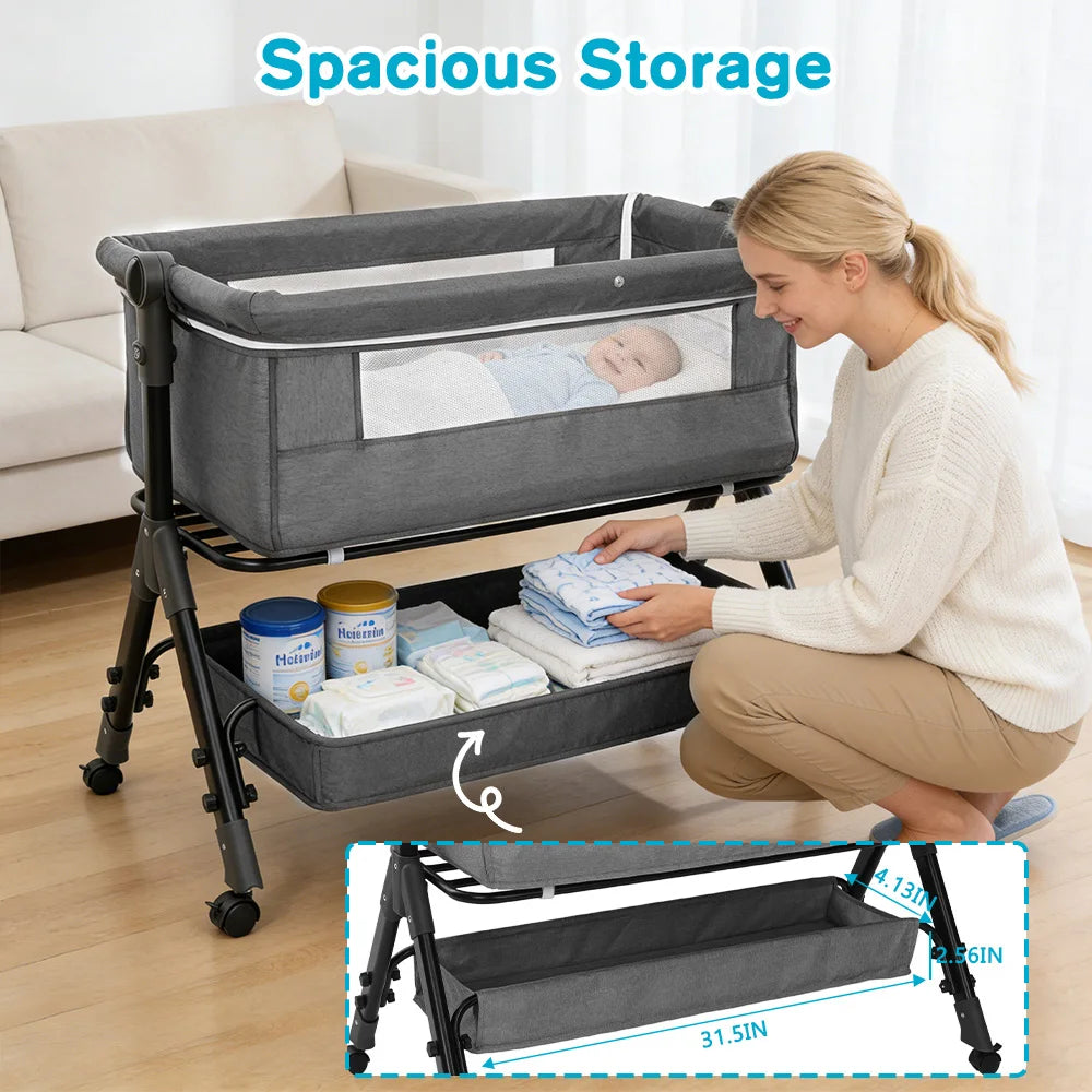 Portable Baby Bassinet Foldable Height Splicing Baby Cradle Bed 3 in 1 Baby Bassinet Bedside Sleeper for 0-18 MonthsInfant