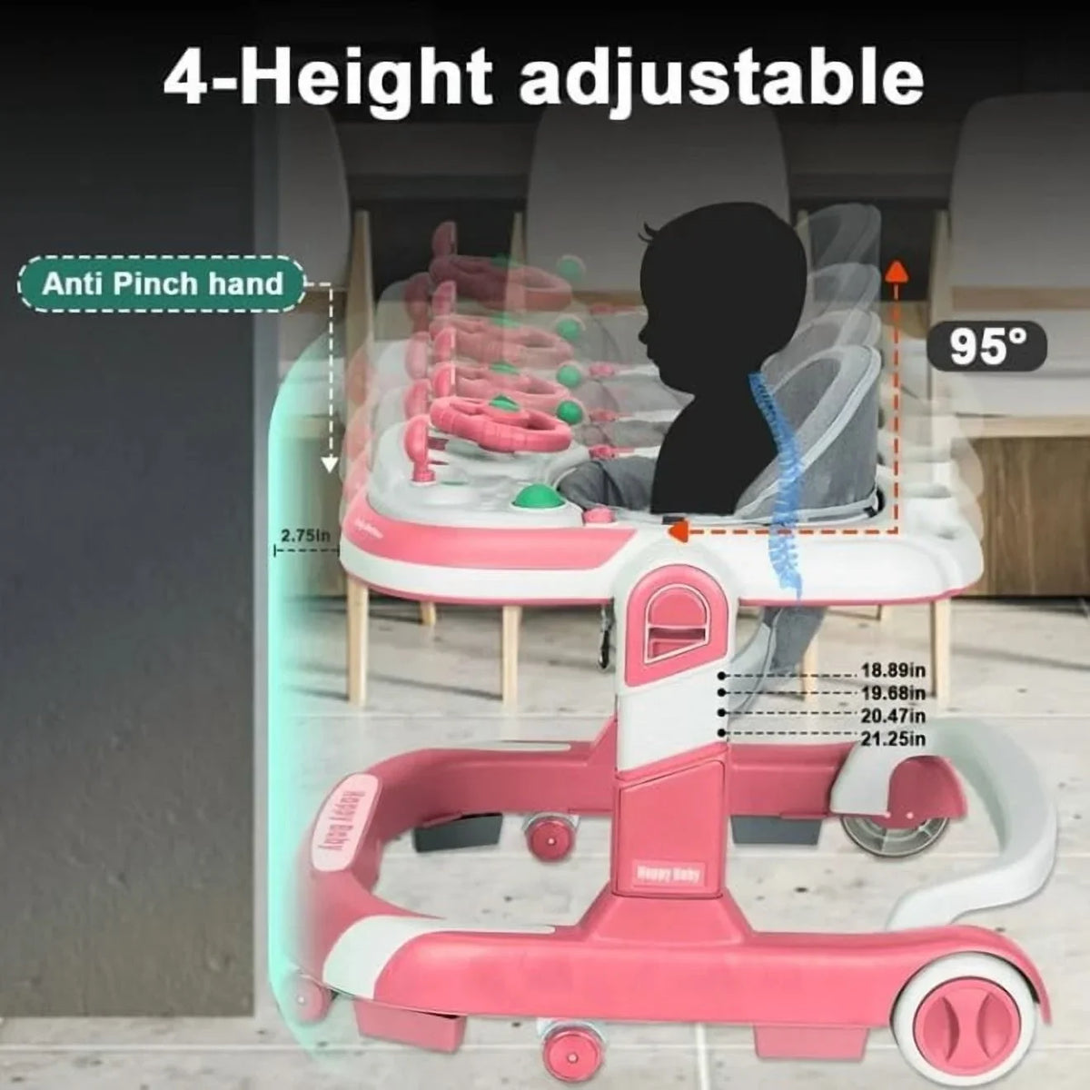 5 in 1 Baby Infant Walker Anti-Rollover Walker with Learning Toy for Infants anti-rollover Multifunctional Without Battery