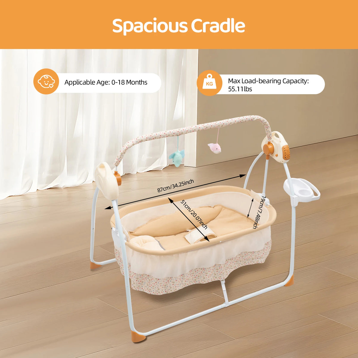 Electric Baby Crib Cradle, 0-18 Months Infant Bed Auto Swing with Remote Control & Music, 25KG/55LBS Capacity, Foldable Baby Bassinet