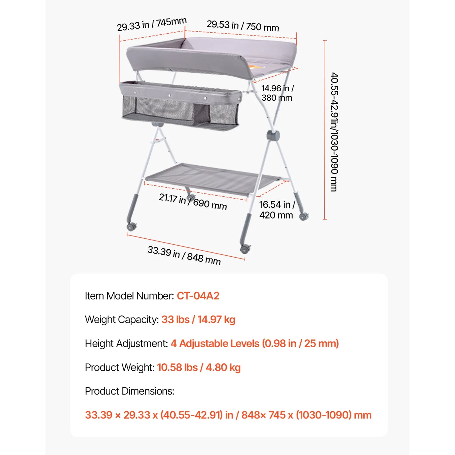 Changing Table Foldable Diaper Change Station with 2 Fabric Drawers Side Basket & Hanging Rod Adjustable Height