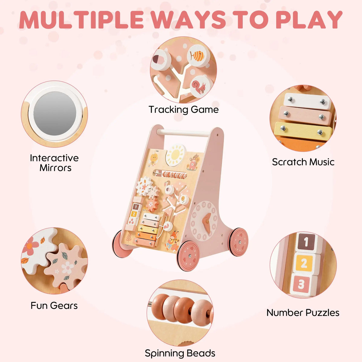 Wooden Baby Walker Baby Push Walker with Activity Center and Storage Montessori Walker Toy for Boys and Girls