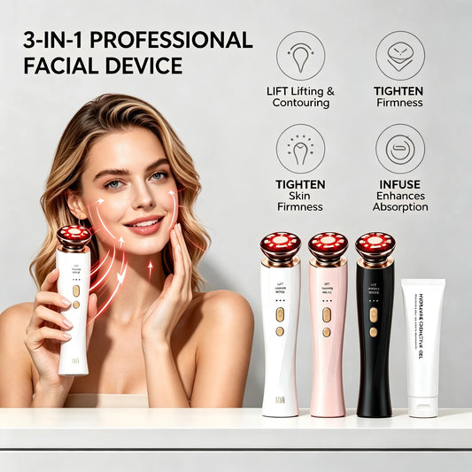 3 in 1 Red Light Handle Facial Device Portable V Shaped Face Lifting Slimming Massager for Neck Skin Tightening Anti-Aging Skincare Tool For Women Travel Home Use Gift