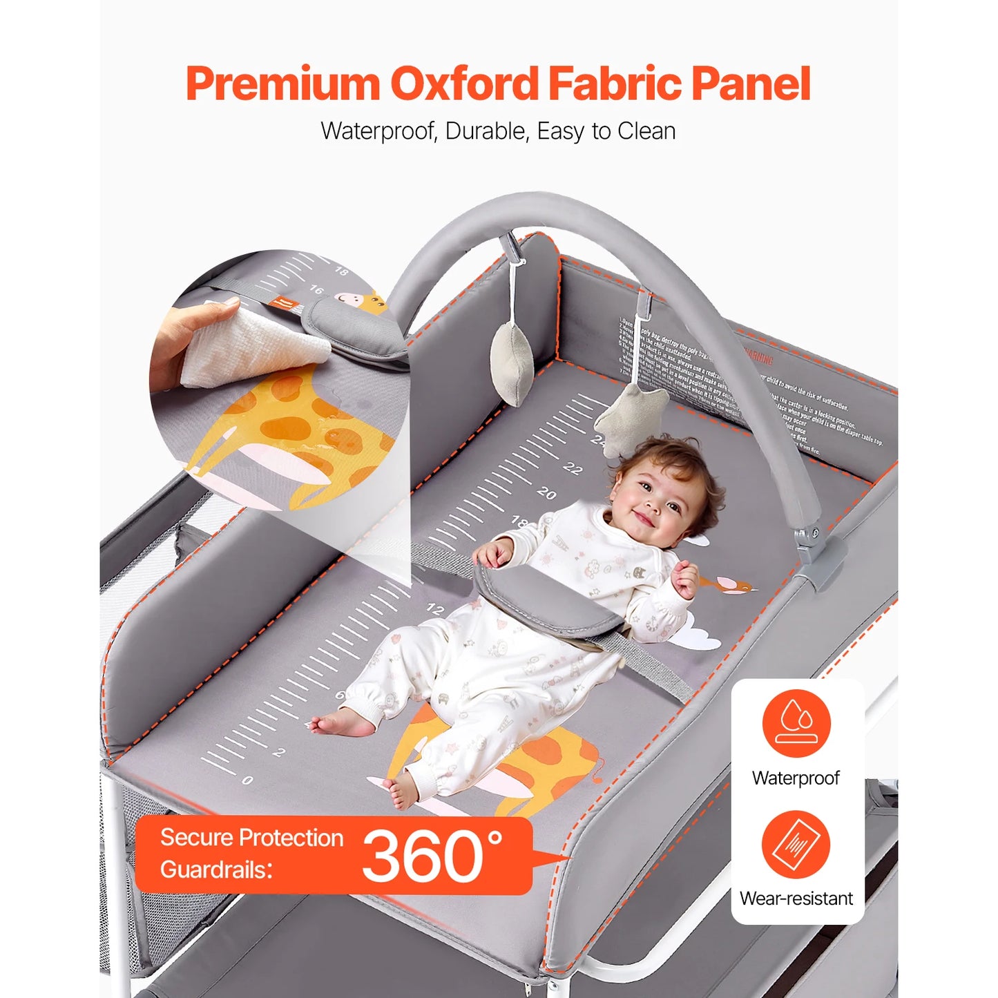 Changing Table Foldable Diaper Change Station with 2 Fabric Drawers Side Basket & Hanging Rod Adjustable Height
