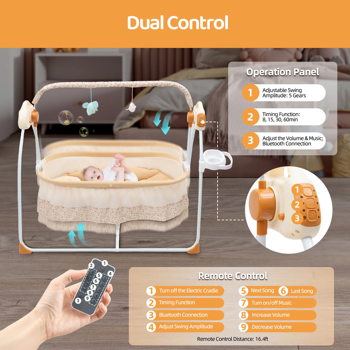 Electric Baby Crib Cradle, 0-18 Months Infant Bed Auto Swing with Remote Control & Music, 25KG/55LBS Capacity, Foldable Baby Bassinet