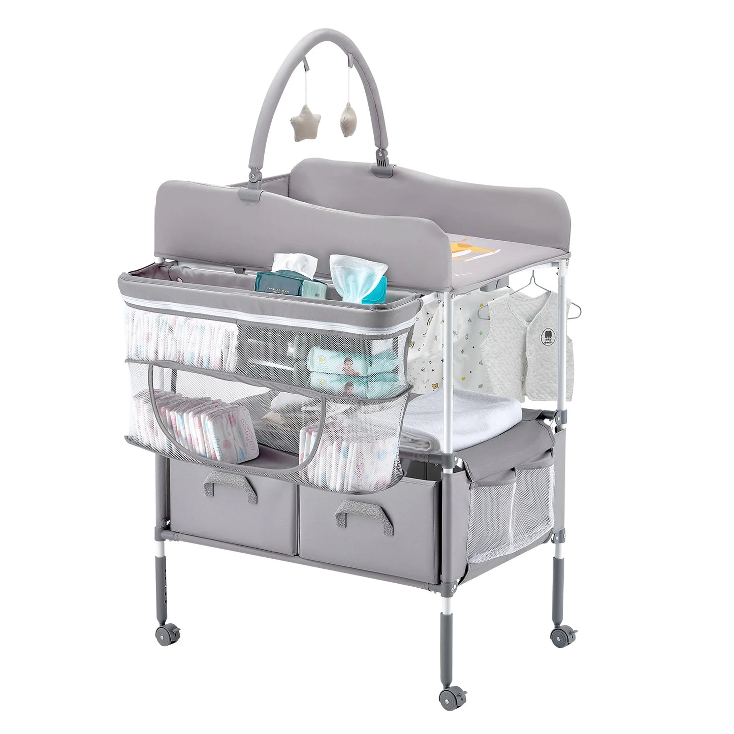 Changing Table Foldable Diaper Change Station with 2 Fabric Drawers Side Basket & Hanging Rod Adjustable Height