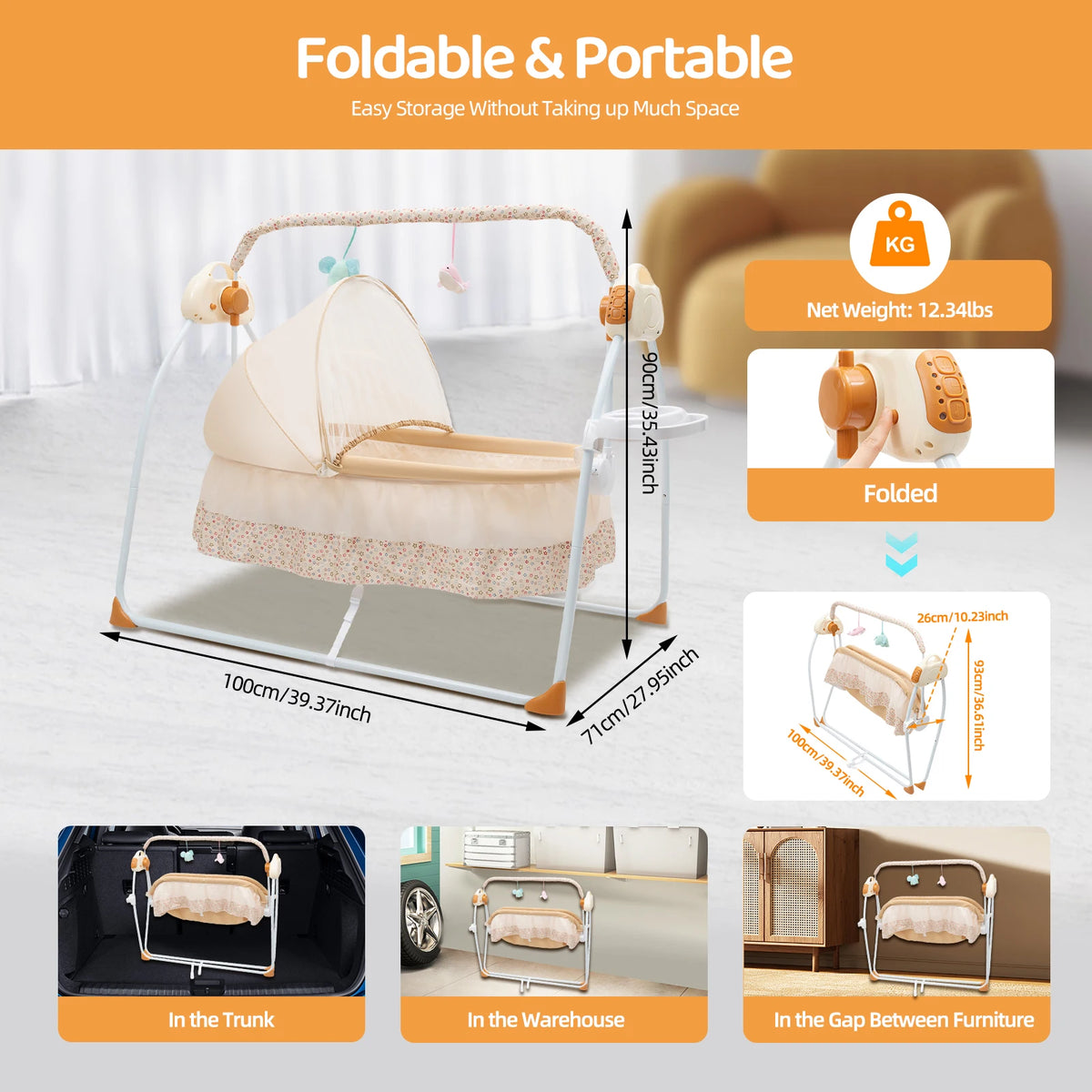 Electric Baby Crib Cradle, 0-18 Months Infant Bed Auto Swing with Remote Control & Music, 25KG/55LBS Capacity, Foldable Baby Bassinet