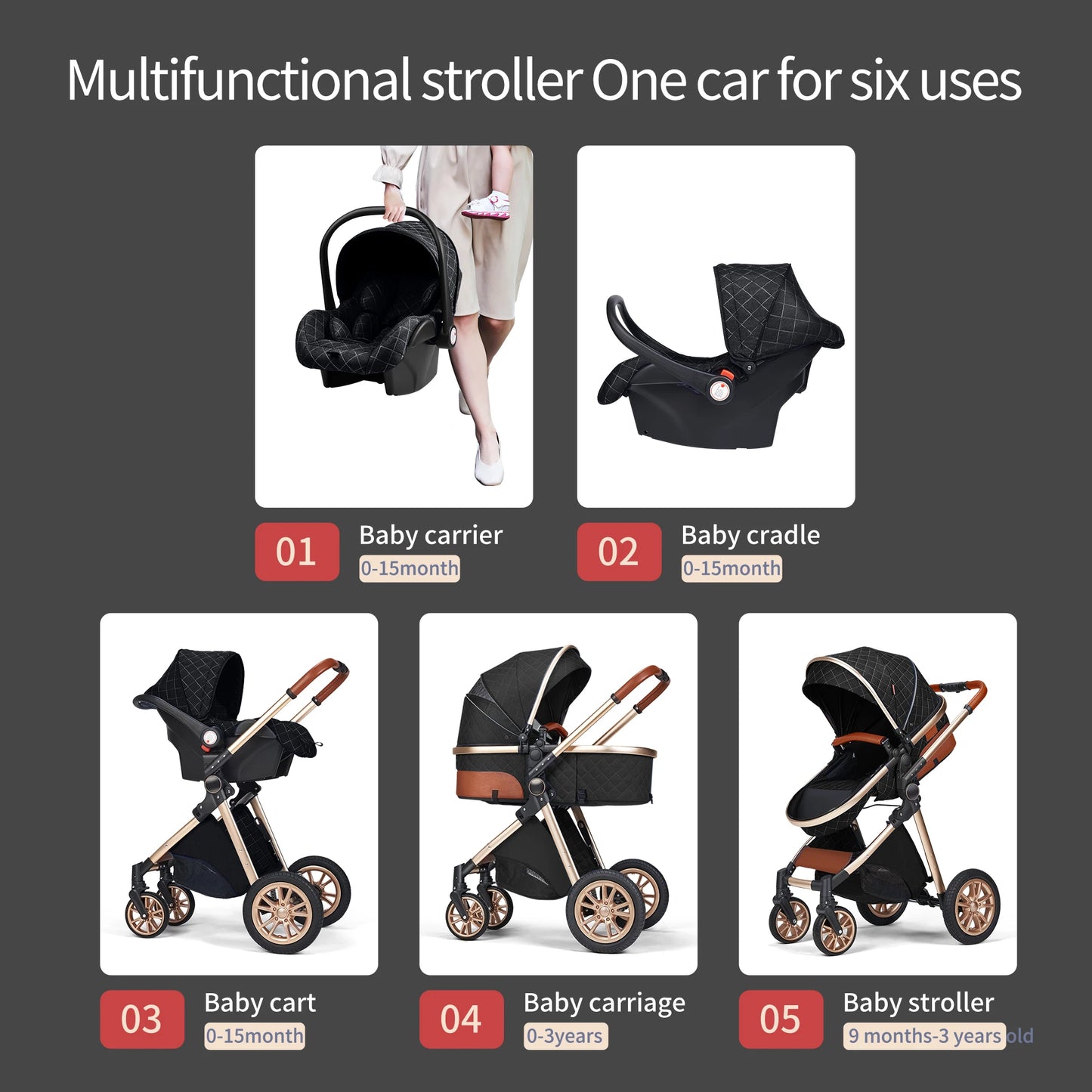 Baby Stroller 3 in 1 Baby Travel System Newborn Baby Cart Portable Pushchair Baby Cradel Infant Carrier