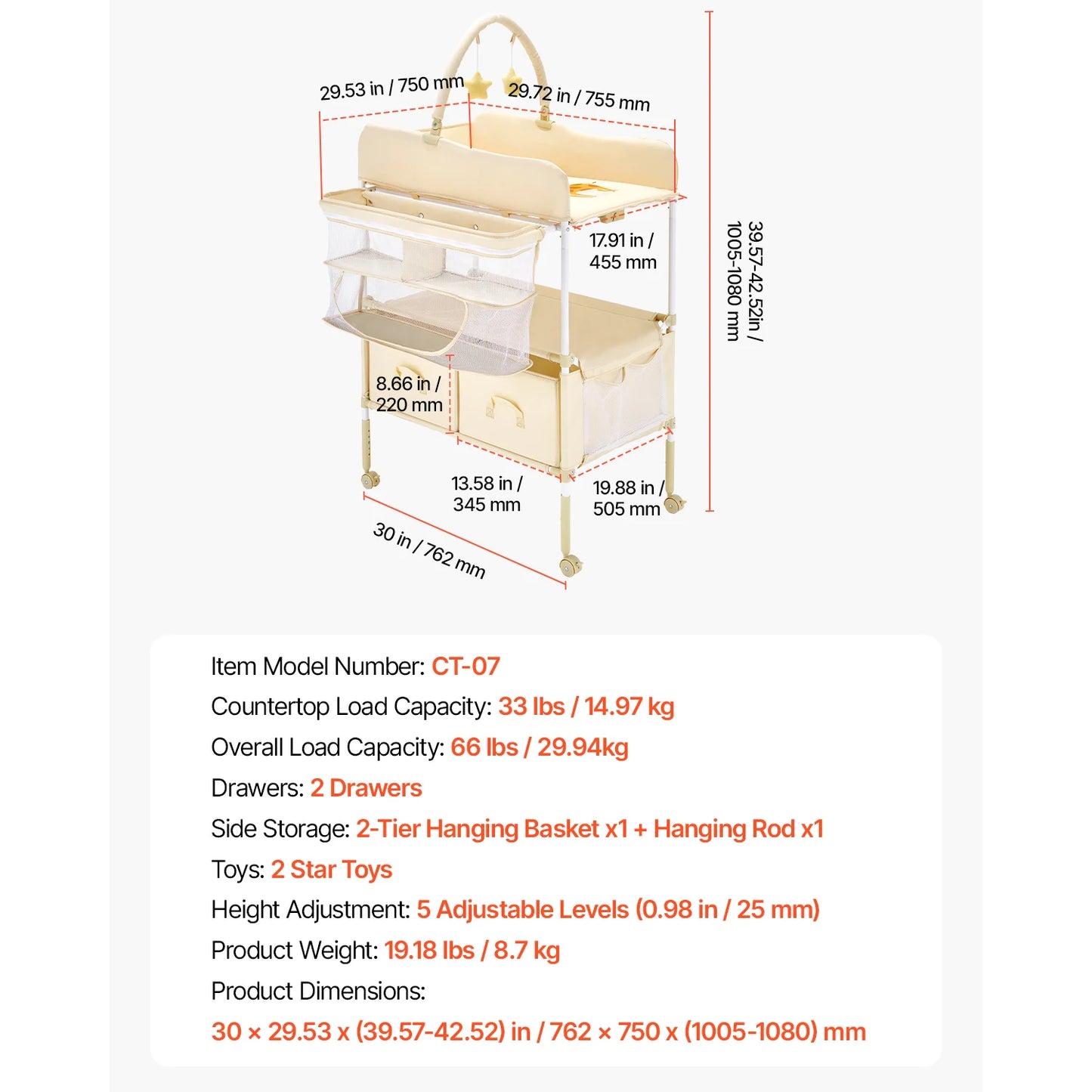 Changing Table Foldable Diaper Change Station with 2 Fabric Drawers Side Basket & Hanging Rod Adjustable Height