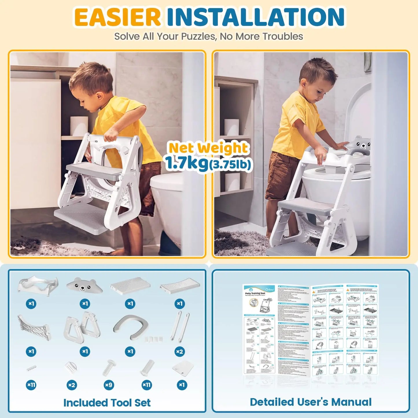 2-in-1 Potty Training Seat, Adjustable Height Anti-Slip Pad & Splash Guard, Toddler Potty Training Toilet with Step Stool