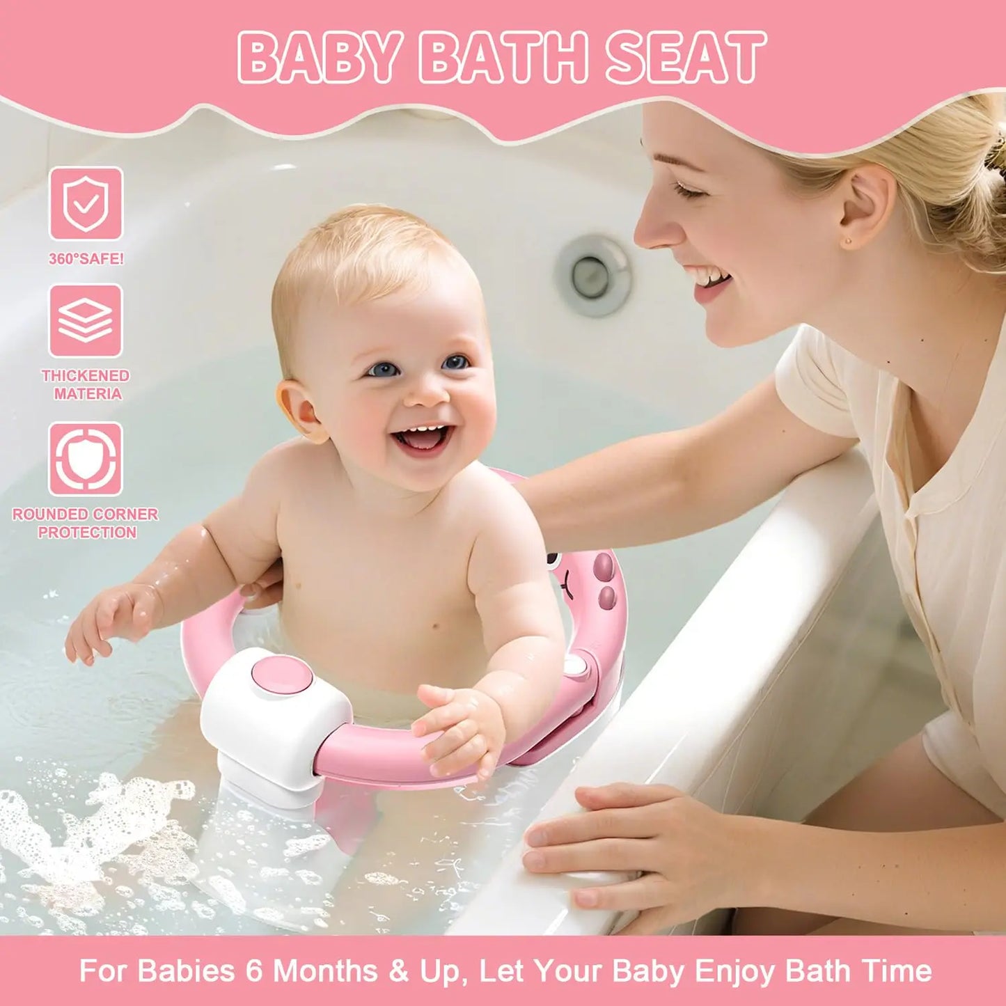 Baby Bath Seat with Non-Slip Suction Cups & Soft Cushion, Dinosaur Design Infant Bathtub Chair with Adjustable Safety Harness