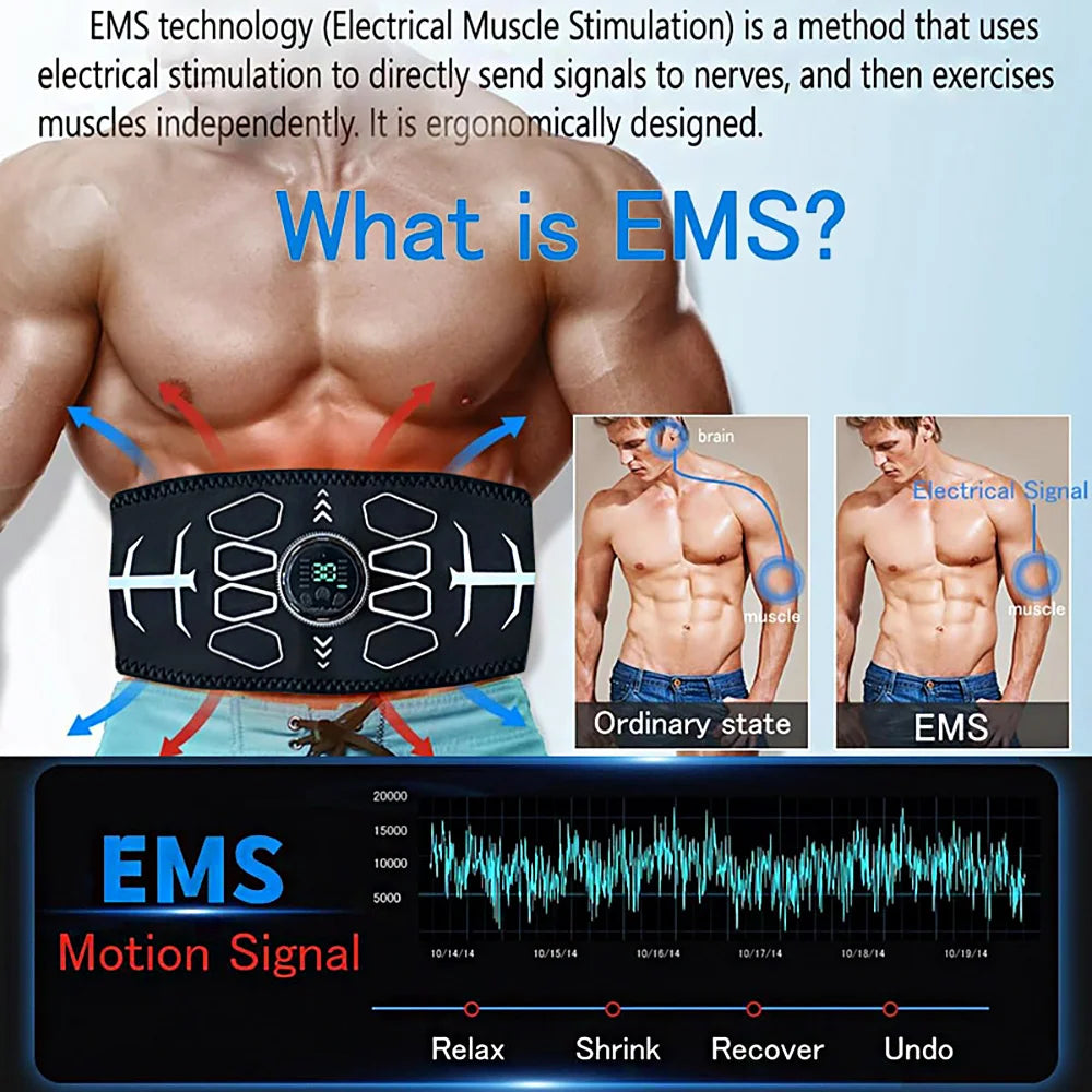 Abdominal Toning Belt Muscle Toner EMS Muscle Stimulator Abs Trainer Recharge Body Massager Weight Loss Fitness Equipment Unisex