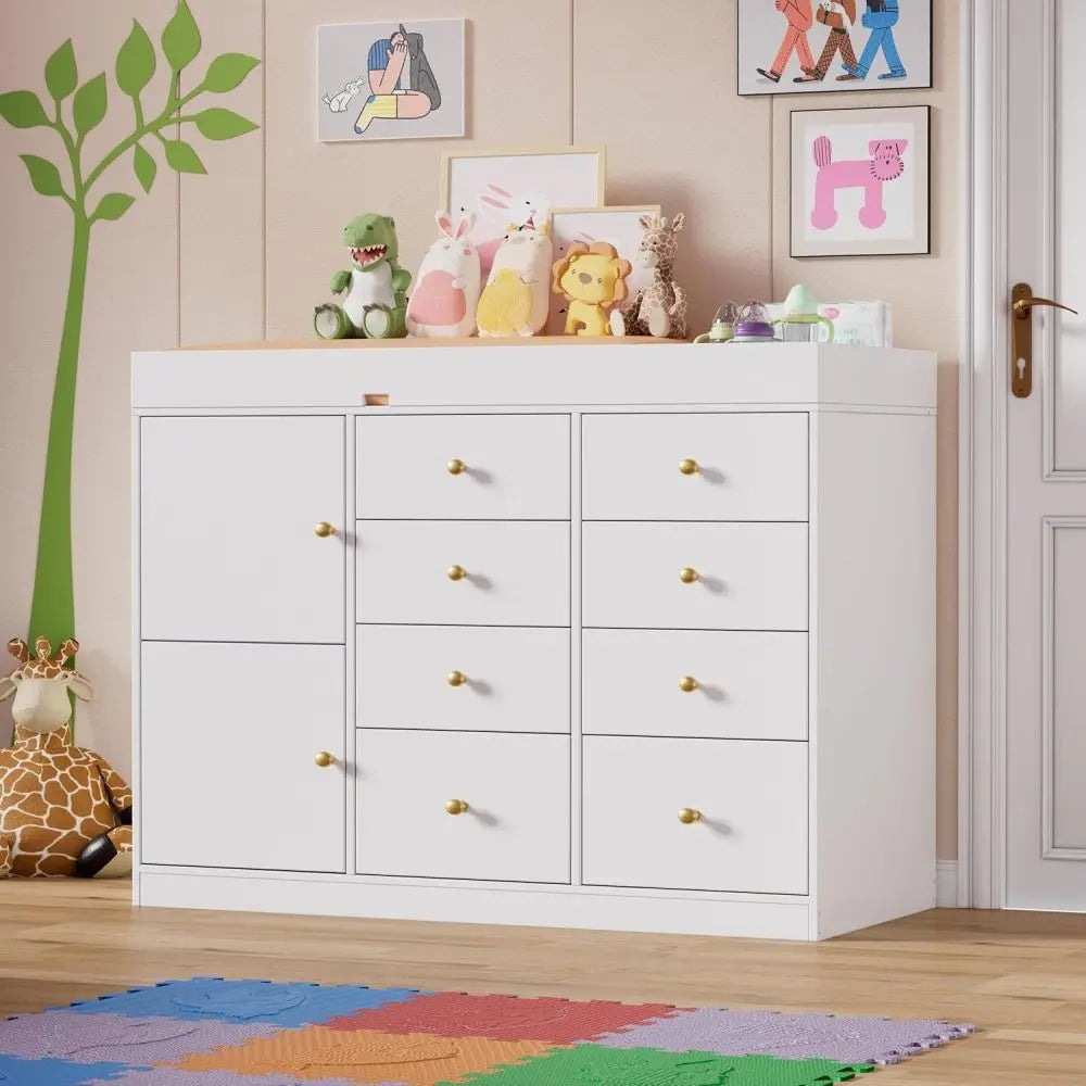 Baby Classic Nursery Dresser with 8 Drawers and 2 Cabinet, Multi-Functional Baby Changing Table, Diaper Changing Station for Children's Room
