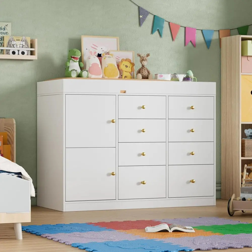 Baby Classic Nursery Dresser with 8 Drawers and 2 Cabinet, Multi-Functional Baby Changing Table, Diaper Changing Station for Children's Room