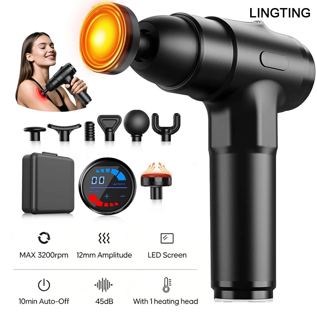 Heating massage gun, deep tissue massage gun, back and neck massager, muscle percussion massager, silent fascia gun, handheld massager, 7 massage heads