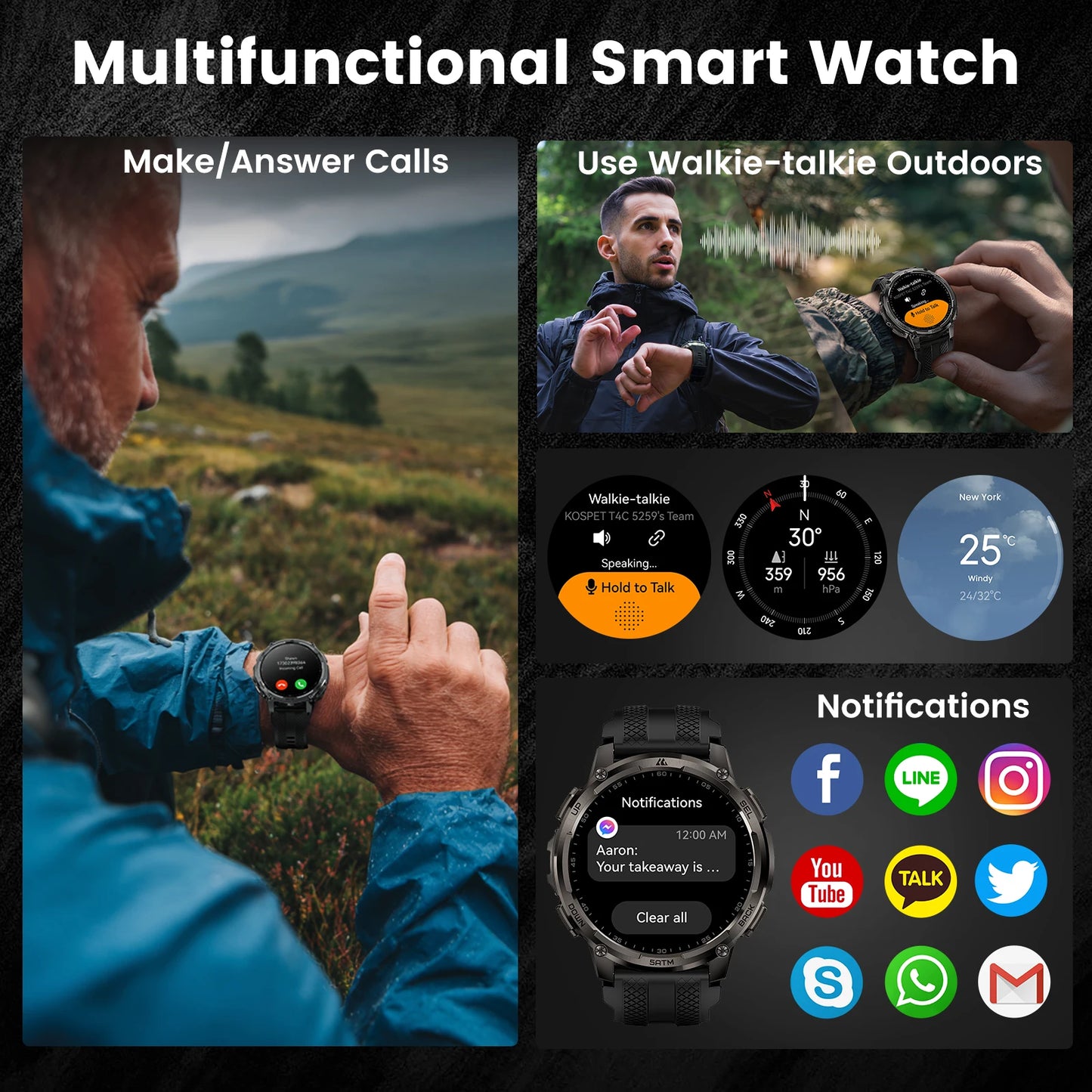 TANK T4C Smartwatch Men’s Outdoor Rugged Watch with Flashlight Dual‑Band GPS 50M Waterproof Fitness & Health Tracker