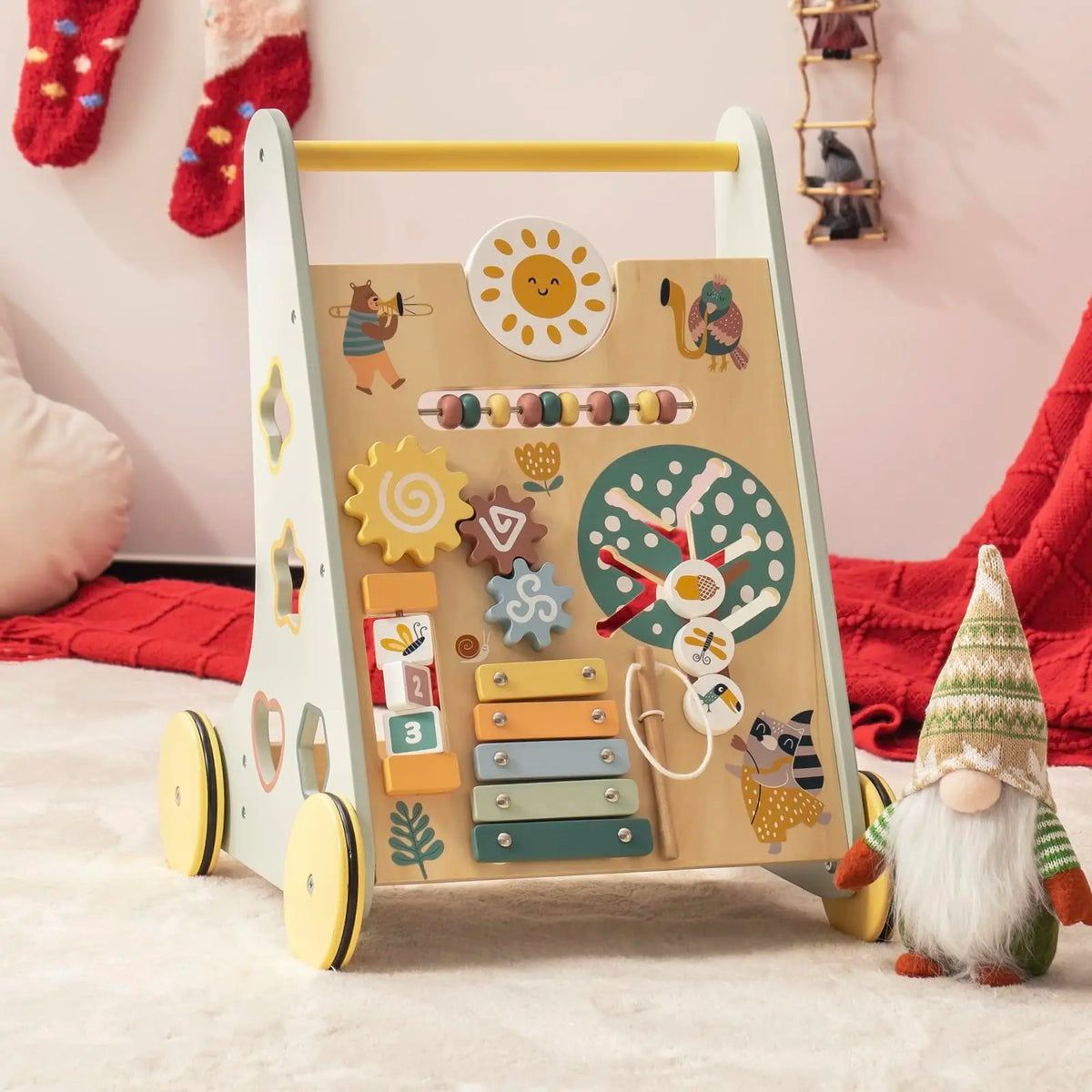 Wooden Baby Walker Baby Push Walker with Activity Center and Storage Montessori Walker Toy for Boys and Girls