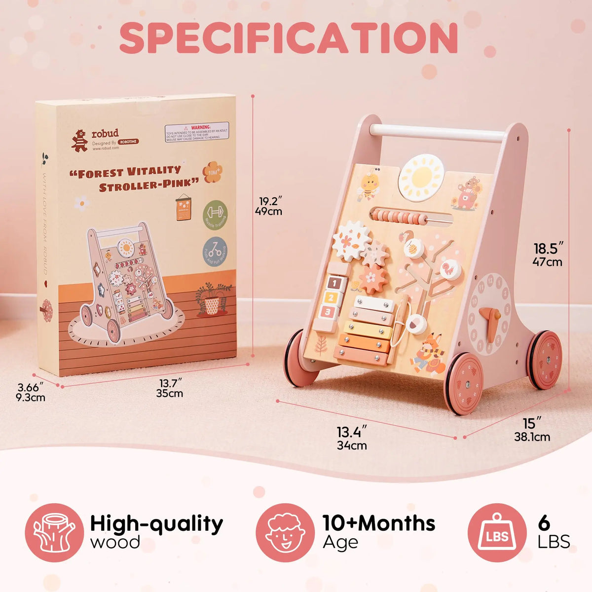 Wooden Baby Walker Baby Push Walker with Activity Center and Storage Montessori Walker Toy for Boys and Girls