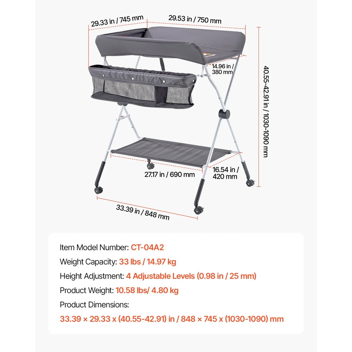 Changing Table Foldable Diaper Change Station with 2 Fabric Drawers Side Basket & Hanging Rod Adjustable Height