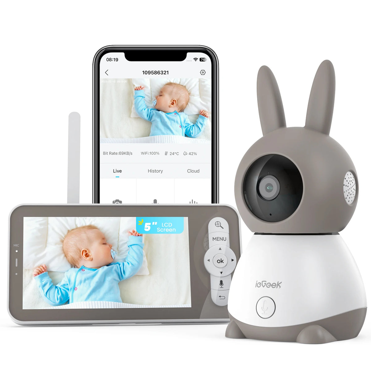 5" 2K/3MP Baby Surveillance Camera, 360° PTZ Baby Monitor with Camera and Dual Screen Preview, Motion Detection