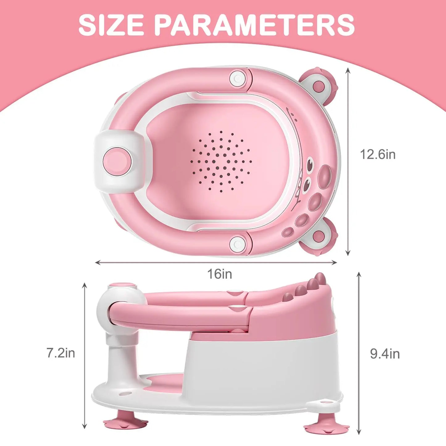 Baby Bath Seat with Non-Slip Suction Cups & Soft Cushion, Dinosaur Design Infant Bathtub Chair with Adjustable Safety Harness