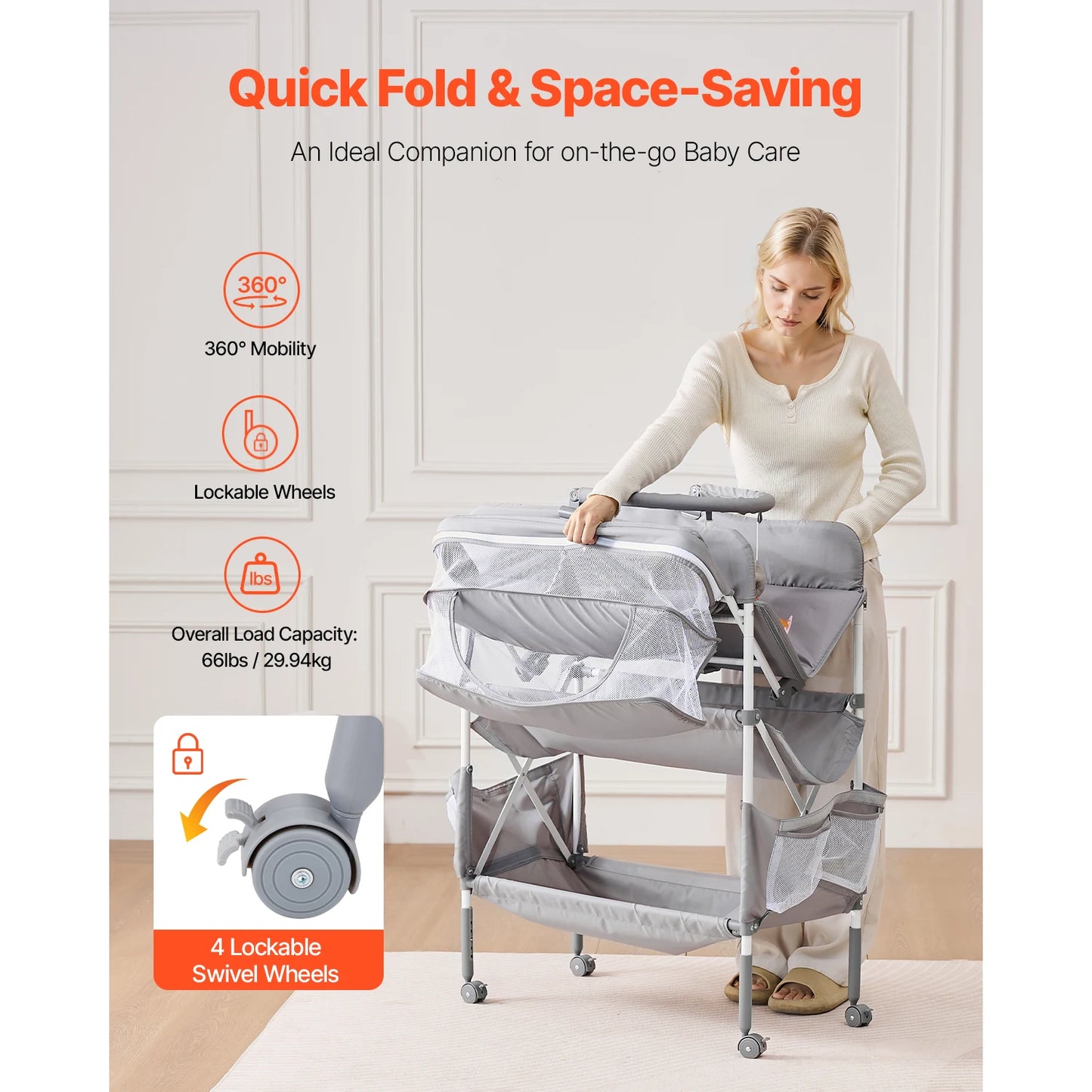 Changing Table Foldable Diaper Change Station with 2 Fabric Drawers Side Basket & Hanging Rod Adjustable Height