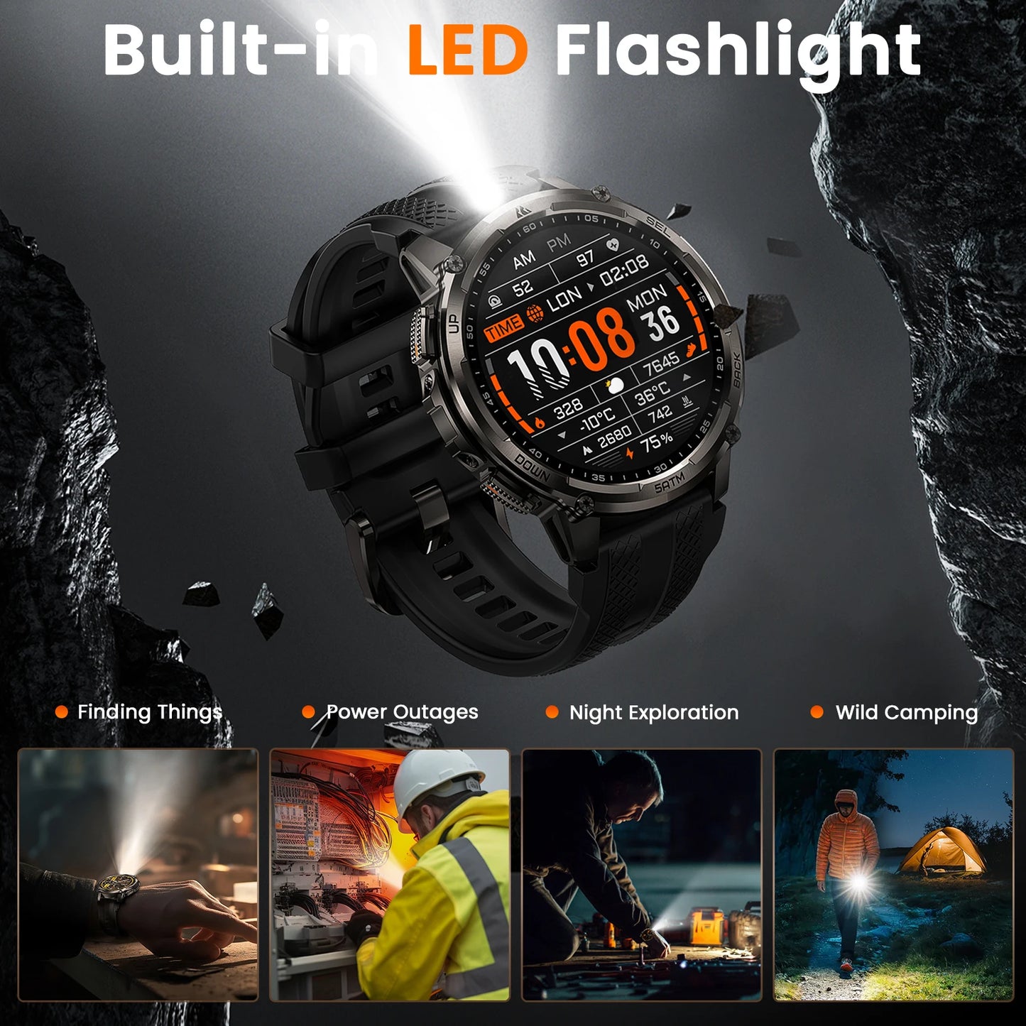 TANK T4C Smartwatch Men’s Outdoor Rugged Watch with Flashlight Dual‑Band GPS 50M Waterproof Fitness & Health Tracker