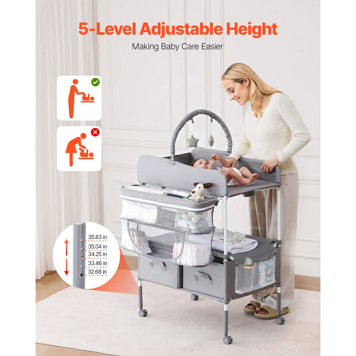 Changing Table Foldable Diaper Change Station with 2 Fabric Drawers Side Basket & Hanging Rod Adjustable Height