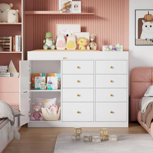 Baby Classic Nursery Dresser with 8 Drawers and 2 Cabinet, Multi-Functional Baby Changing Table, Diaper Changing Station for Children's Room