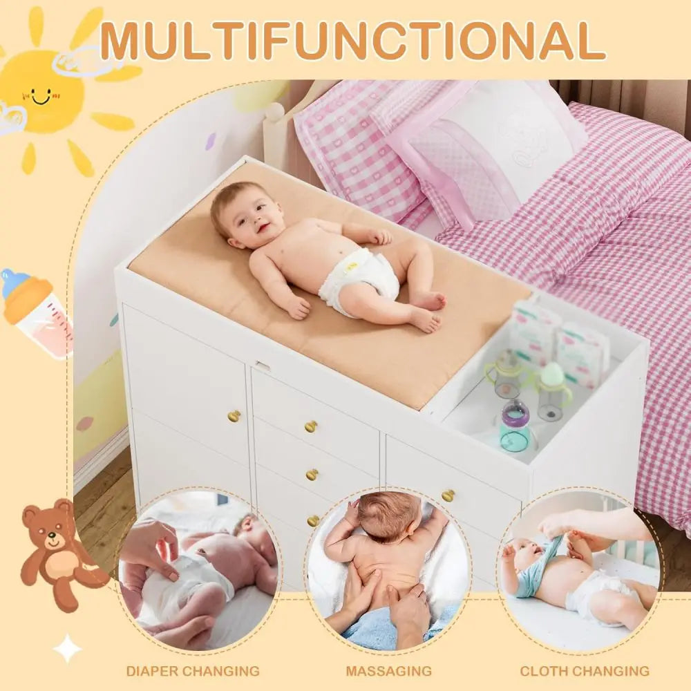 Baby Classic Nursery Dresser with 8 Drawers and 2 Cabinet, Multi-Functional Baby Changing Table, Diaper Changing Station for Children's Room