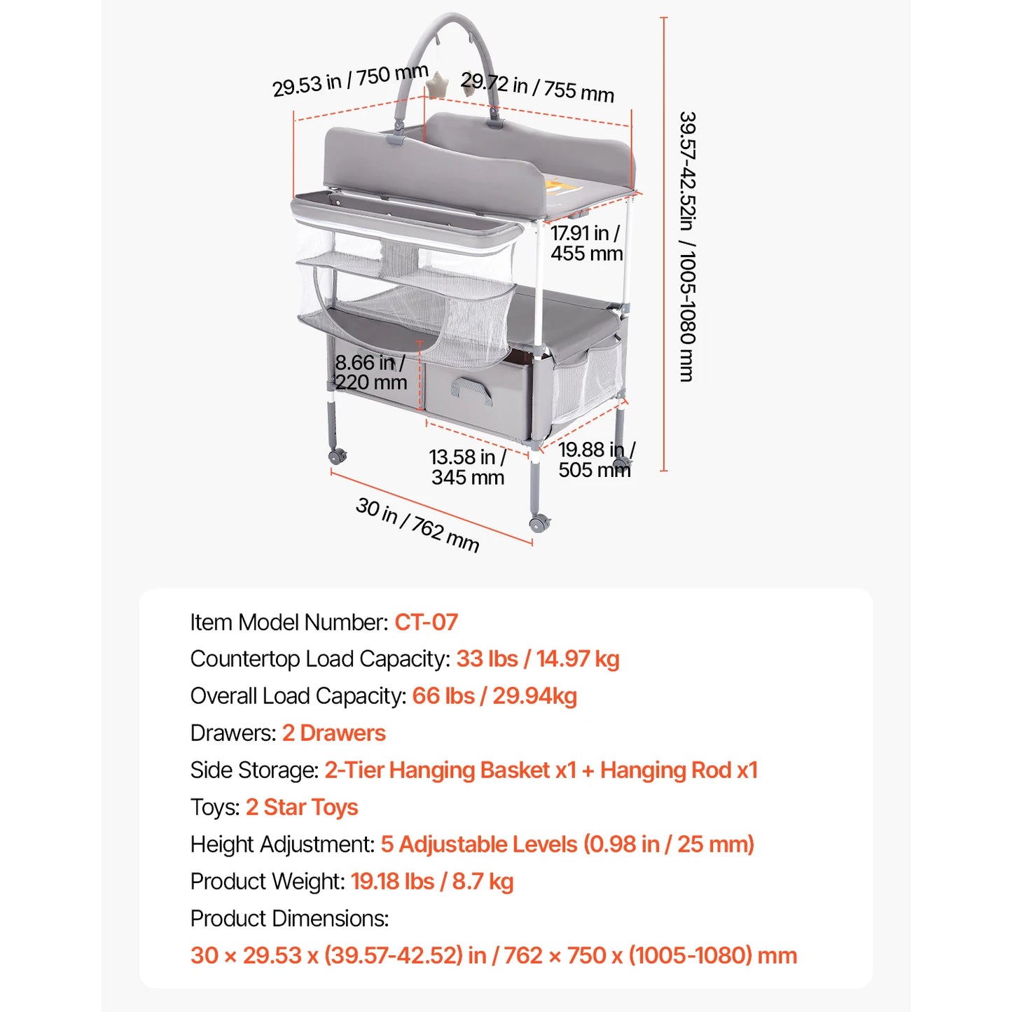 Changing Table Foldable Diaper Change Station with 2 Fabric Drawers Side Basket & Hanging Rod Adjustable Height