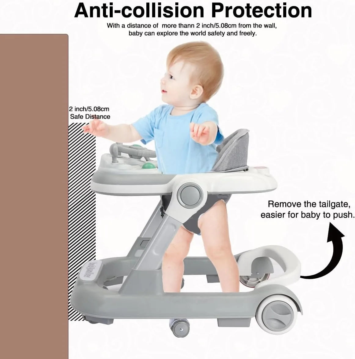 2 in 1 Baby Walker, Toddler Baby Push Walker with Removable Feeding Tray and Music Tray(Without Battery), Foldable Walker