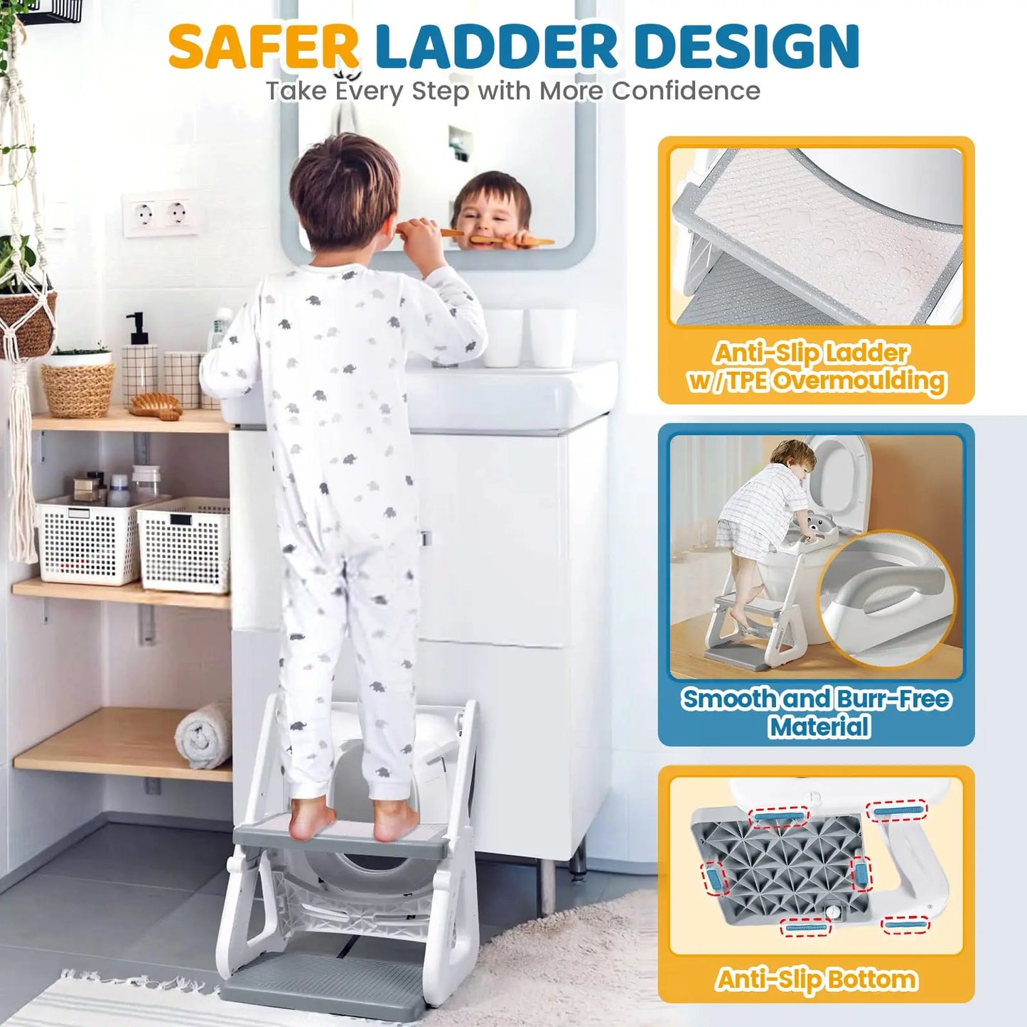 2-in-1 Potty Training Seat, Adjustable Height Anti-Slip Pad & Splash Guard, Toddler Potty Training Toilet with Step Stool