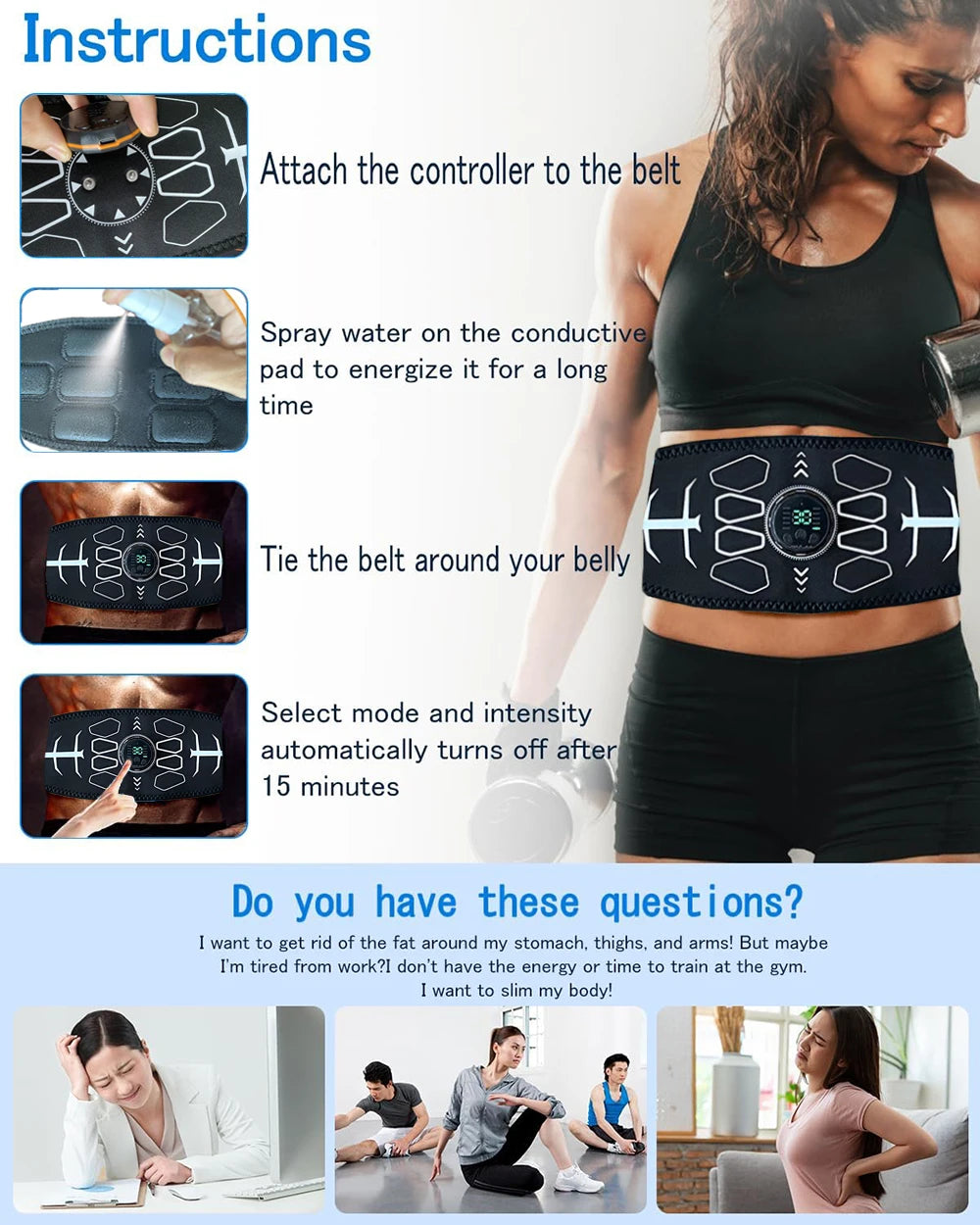 Abdominal Toning Belt Muscle Toner EMS Muscle Stimulator Abs Trainer Recharge Body Massager Weight Loss Fitness Equipment Unisex