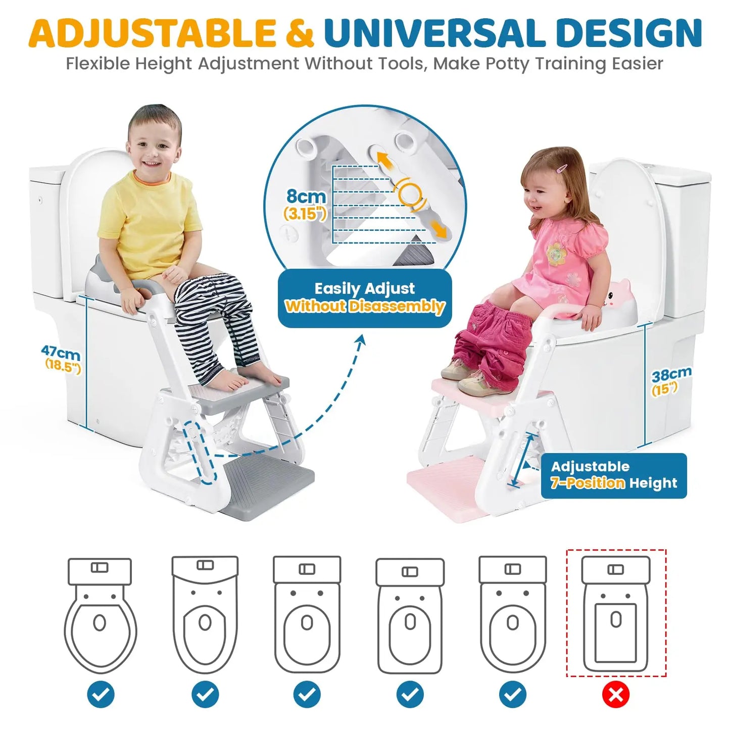 2-in-1 Potty Training Seat, Adjustable Height Anti-Slip Pad & Splash Guard, Toddler Potty Training Toilet with Step Stool